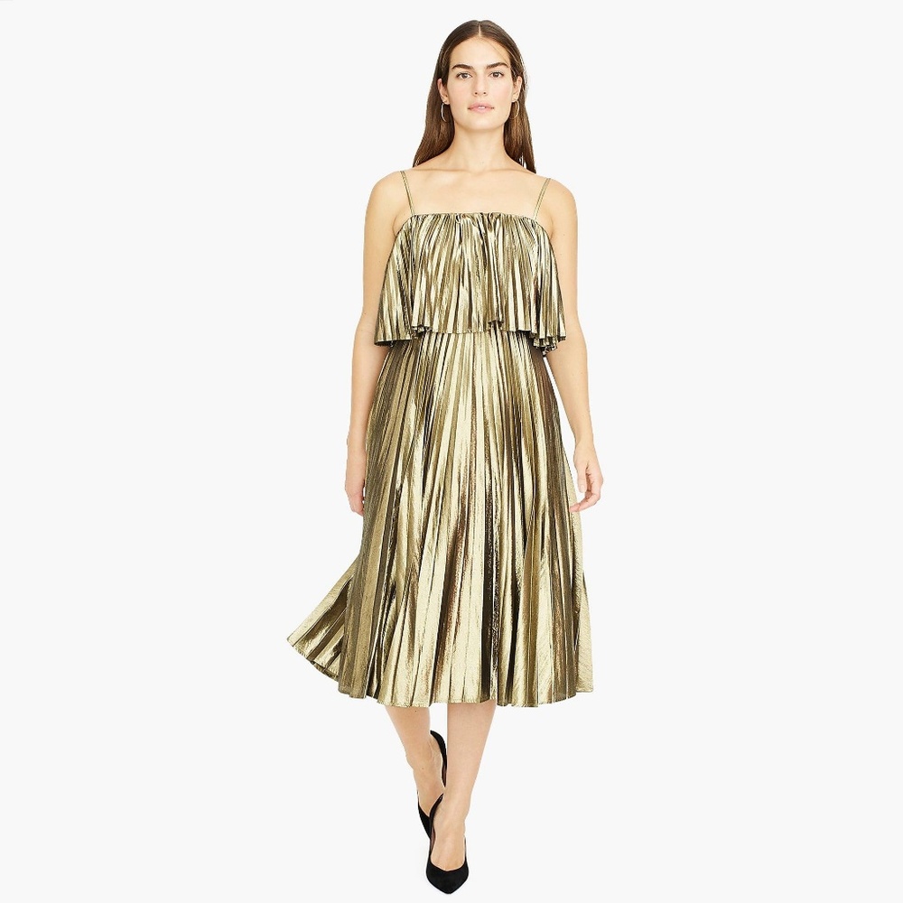 J.Crew Pleated Gold Metallic Midi Cocktail Dress
